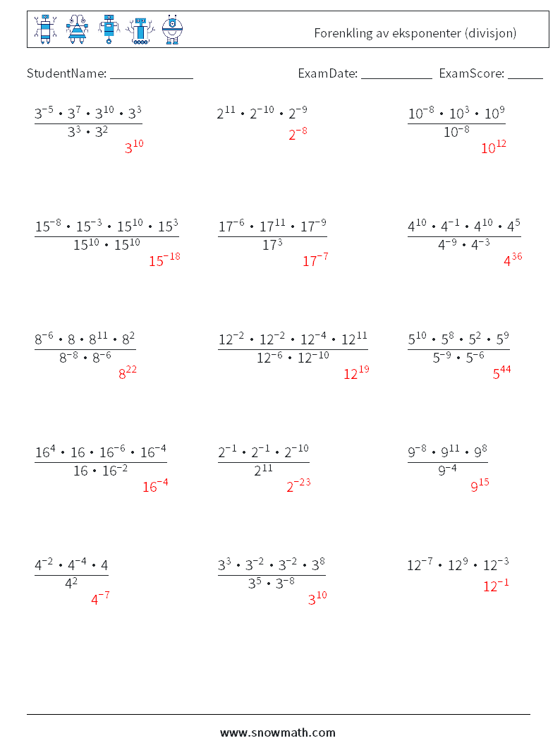 Forenkling av eksponenter (divisjon) MathWorksheets 3 QuestionAnswer