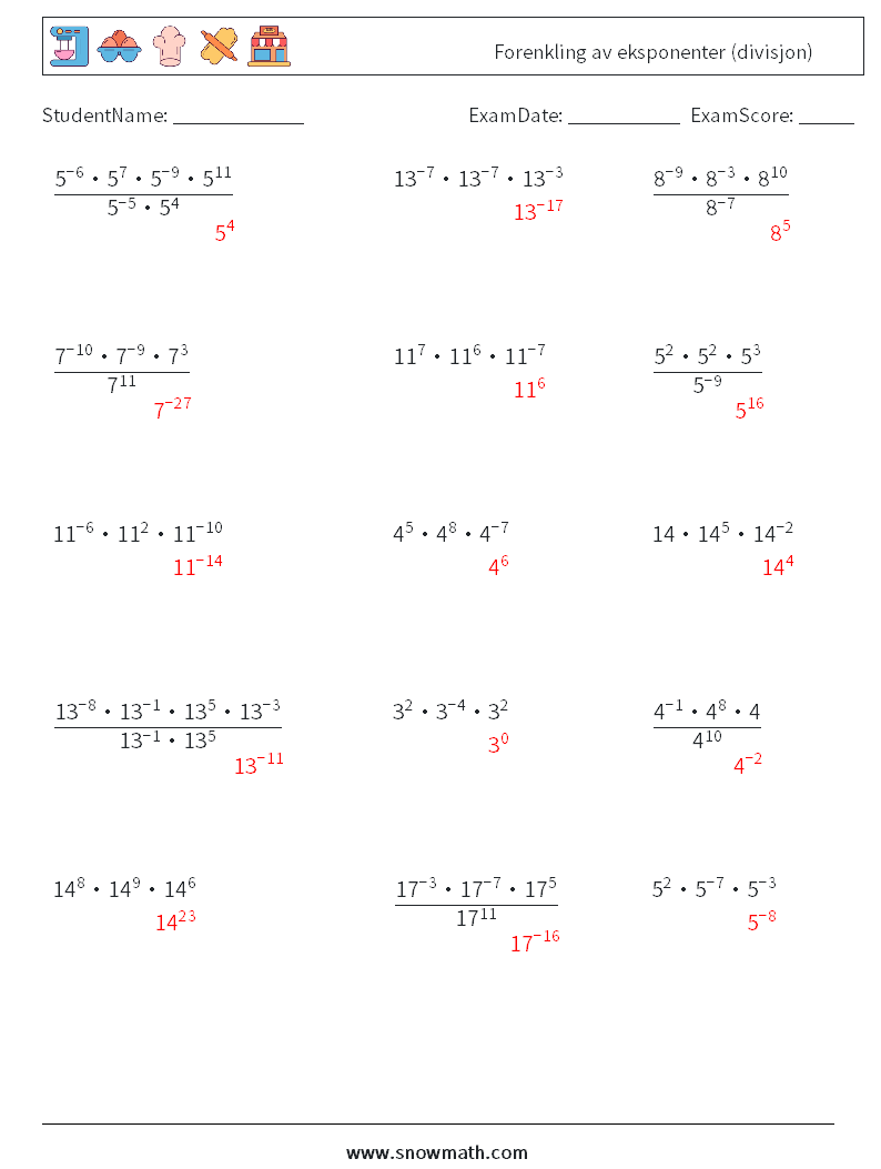 Forenkling av eksponenter (divisjon) MathWorksheets 4 QuestionAnswer