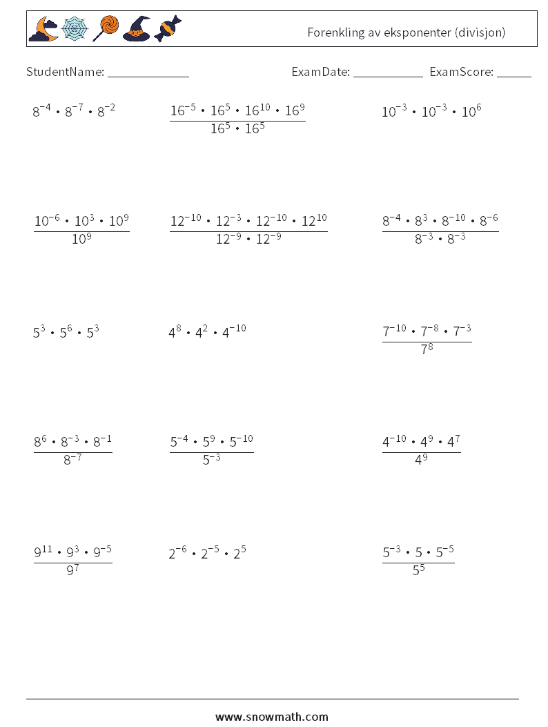 Forenkling av eksponenter (divisjon) MathWorksheets 5