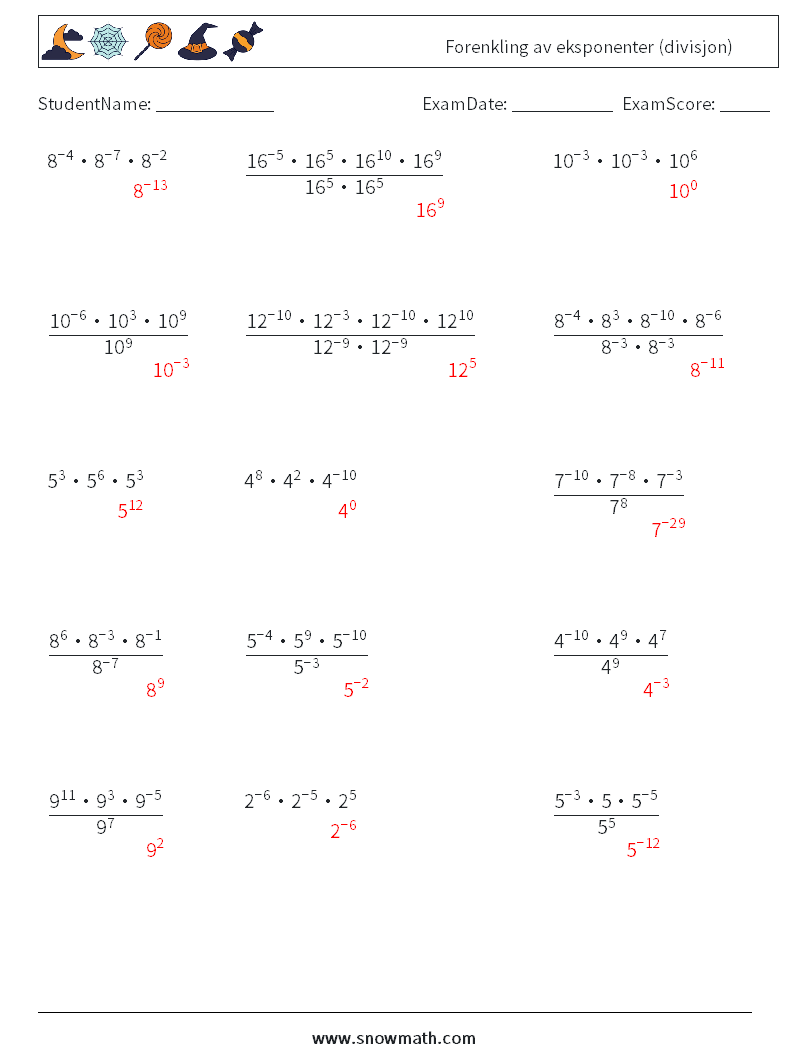 Forenkling av eksponenter (divisjon) MathWorksheets 5 QuestionAnswer