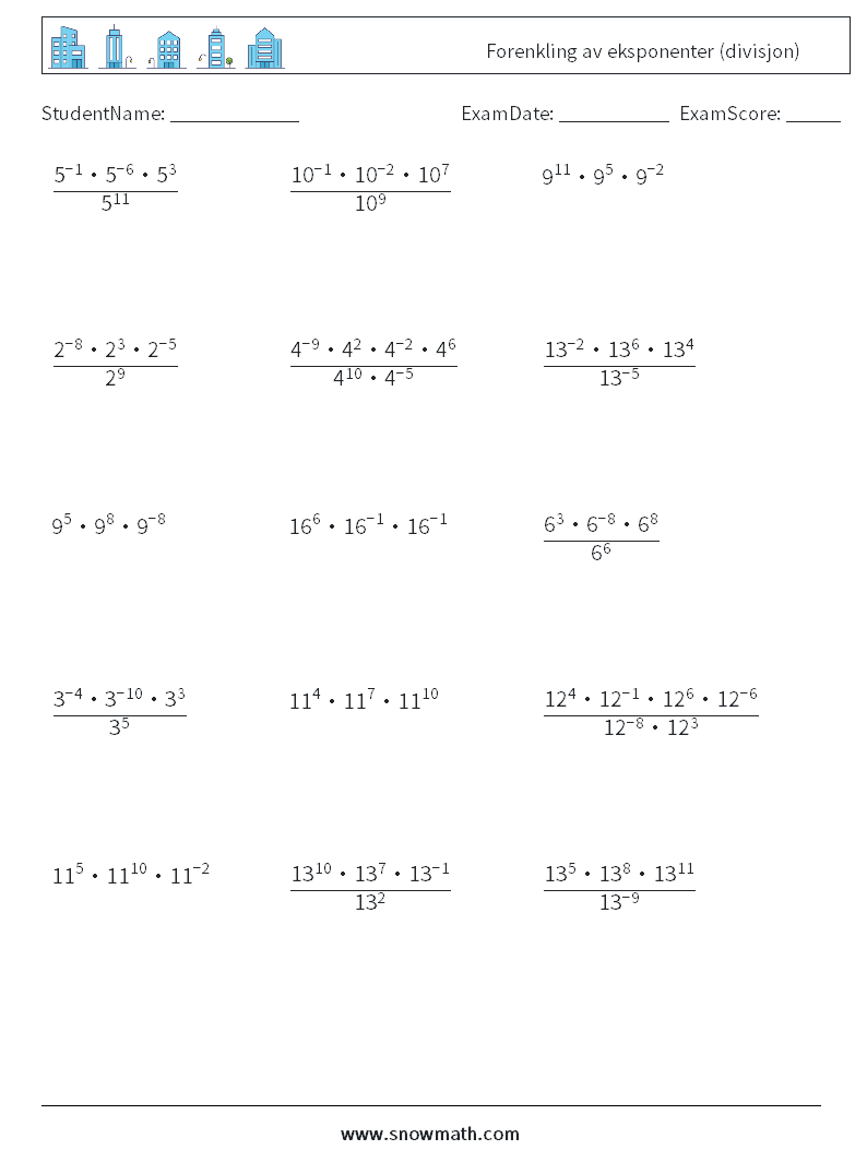 Forenkling av eksponenter (divisjon) MathWorksheets 7