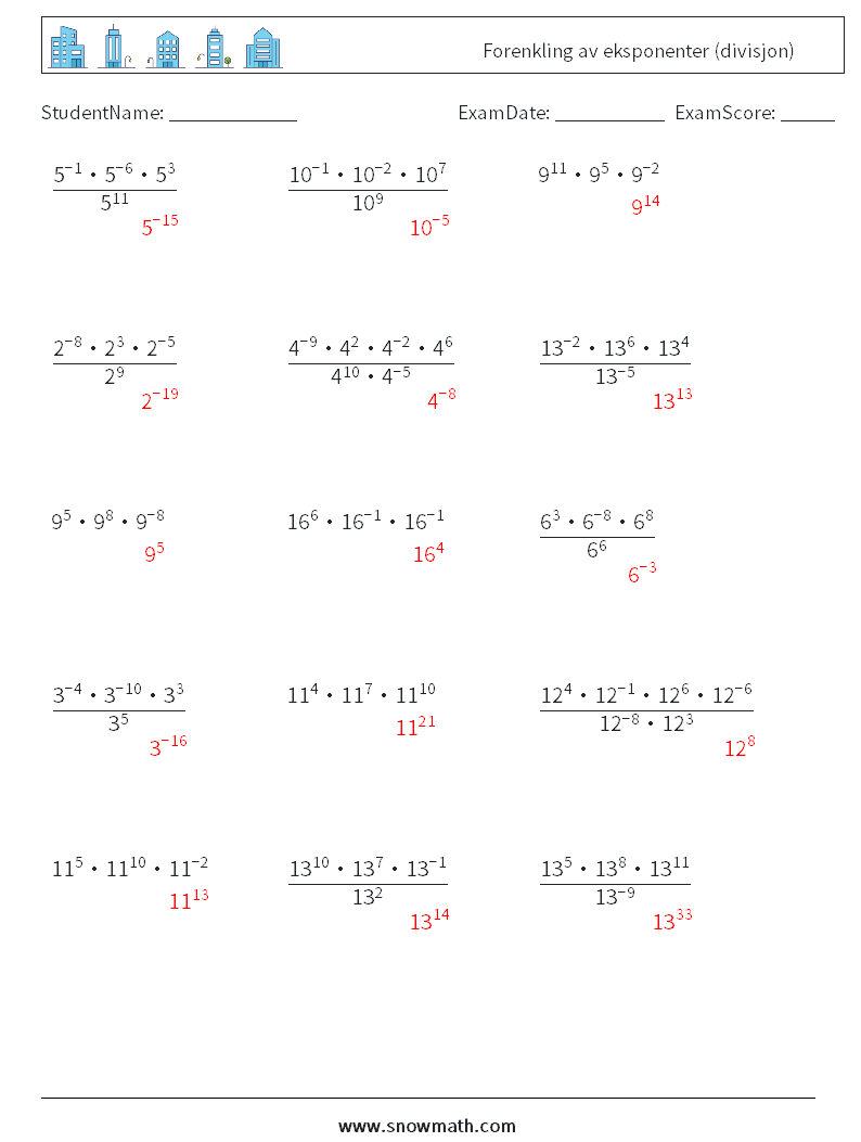 Forenkling av eksponenter (divisjon) MathWorksheets 7 QuestionAnswer