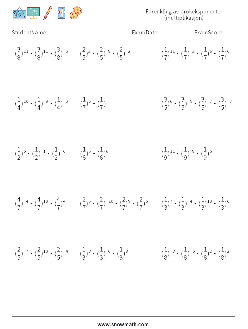 Forenkling av brøkeksponenter (multiplikasjon) MathWorksheets 1