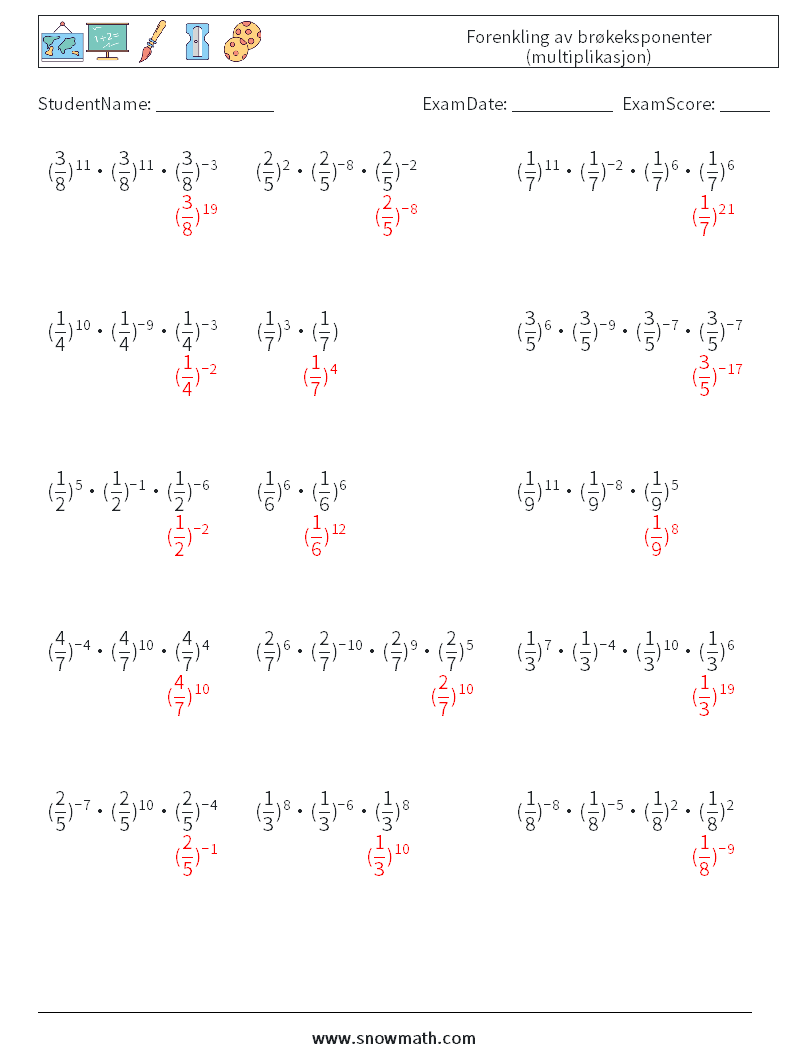 Forenkling av brøkeksponenter (multiplikasjon) MathWorksheets 1 QuestionAnswer