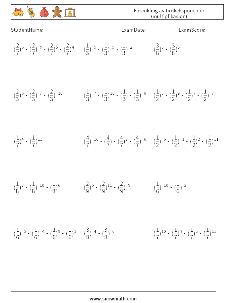 Forenkling av brøkeksponenter (multiplikasjon) MathWorksheets 2