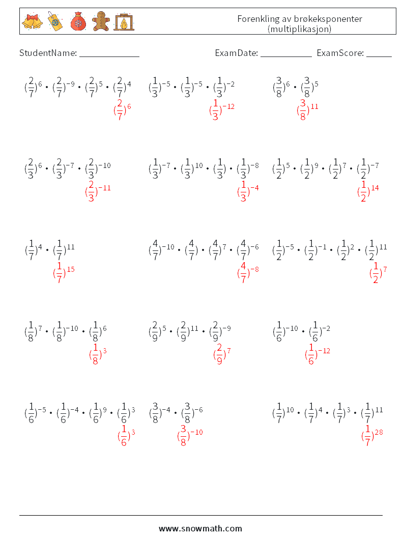 Forenkling av brøkeksponenter (multiplikasjon) MathWorksheets 2 QuestionAnswer