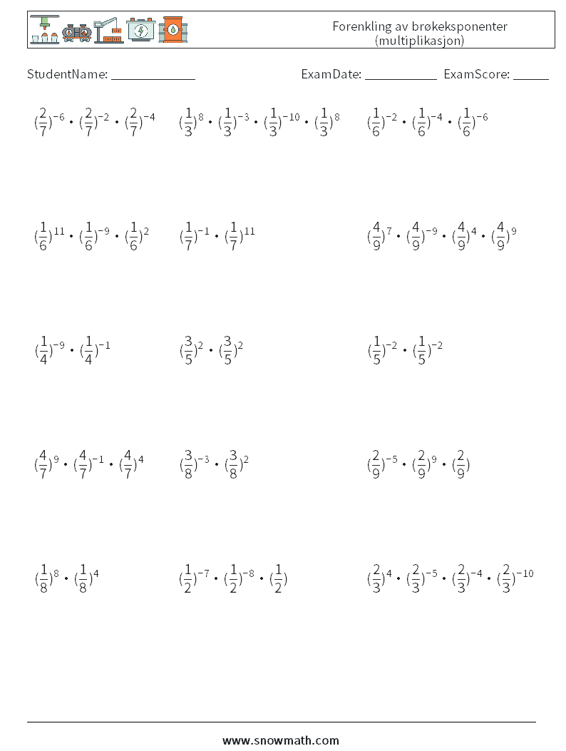 Forenkling av brøkeksponenter (multiplikasjon) MathWorksheets 3