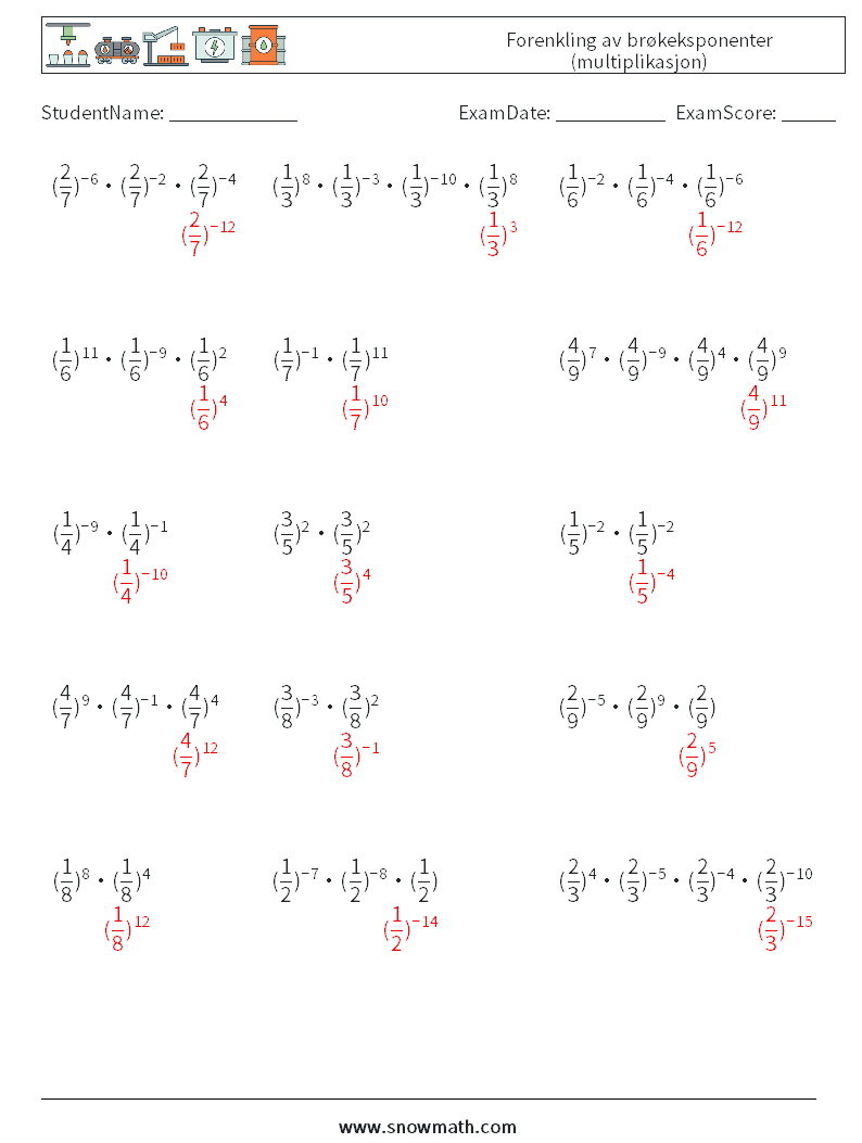 Forenkling av brøkeksponenter (multiplikasjon) MathWorksheets 3 QuestionAnswer