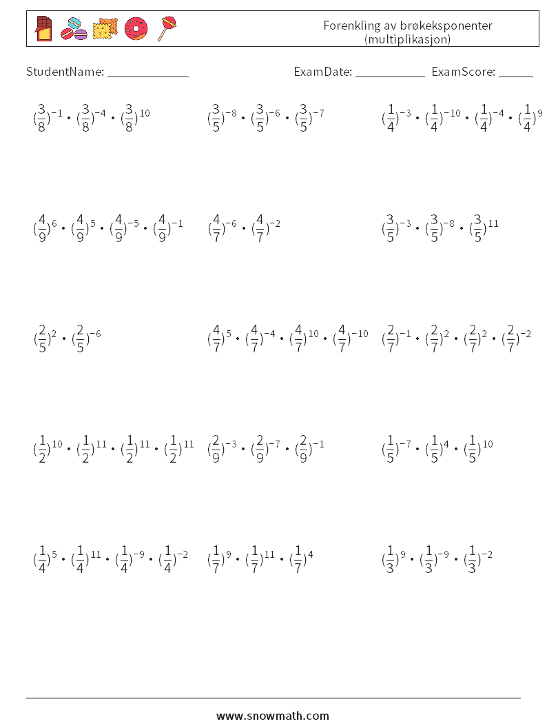 Forenkling av brøkeksponenter (multiplikasjon) MathWorksheets 4