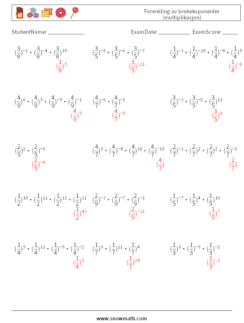 Forenkling av brøkeksponenter (multiplikasjon) MathWorksheets 4 QuestionAnswer