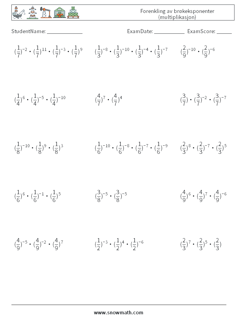 Forenkling av brøkeksponenter (multiplikasjon) MathWorksheets 5