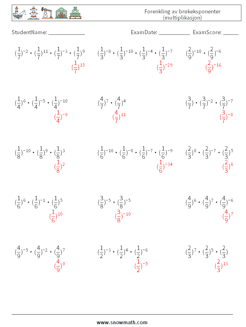 Forenkling av brøkeksponenter (multiplikasjon) MathWorksheets 5 QuestionAnswer