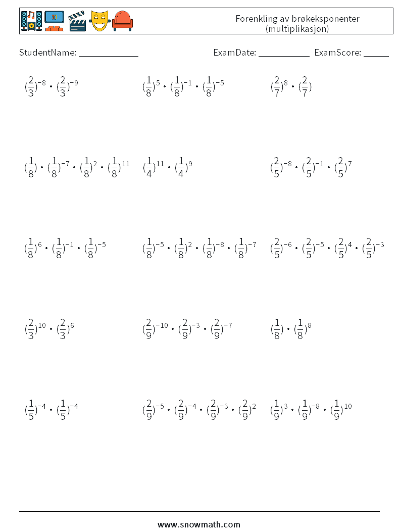 Forenkling av brøkeksponenter (multiplikasjon) MathWorksheets 6