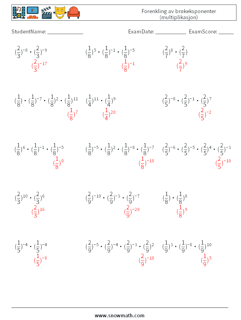 Forenkling av brøkeksponenter (multiplikasjon) MathWorksheets 6 QuestionAnswer