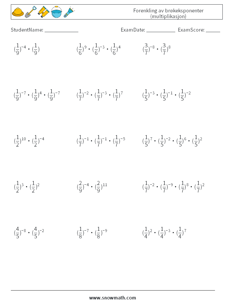 Forenkling av brøkeksponenter (multiplikasjon) MathWorksheets 7