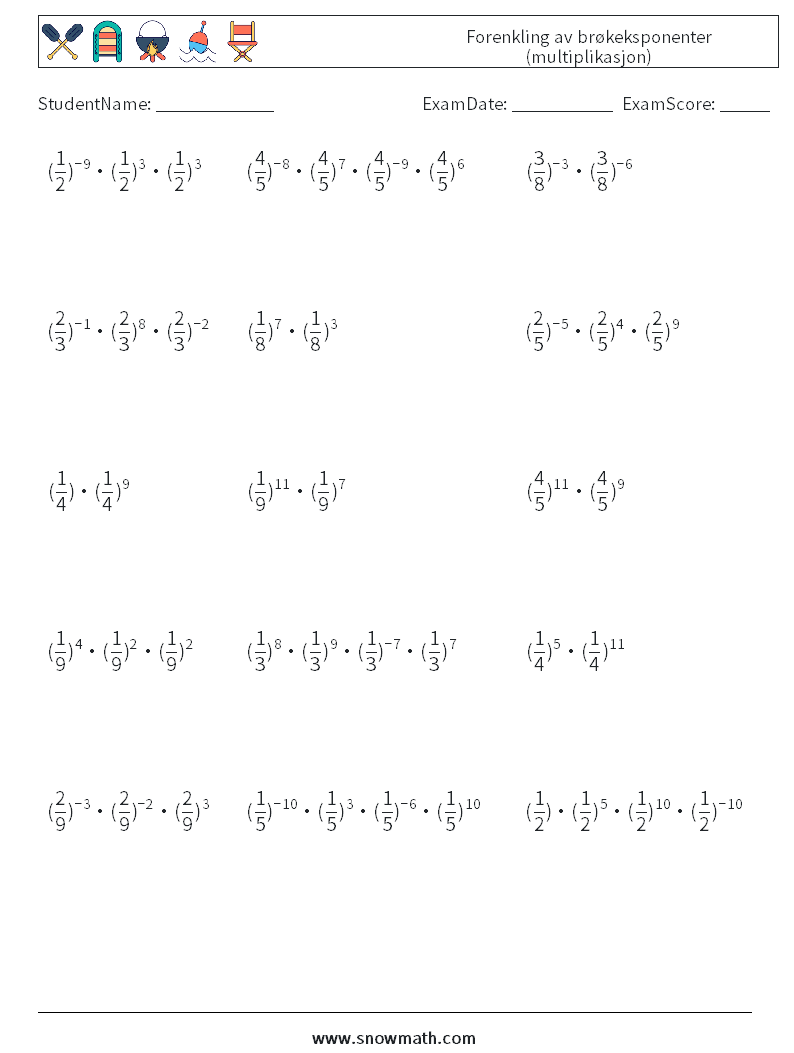 Forenkling av brøkeksponenter (multiplikasjon) MathWorksheets 8