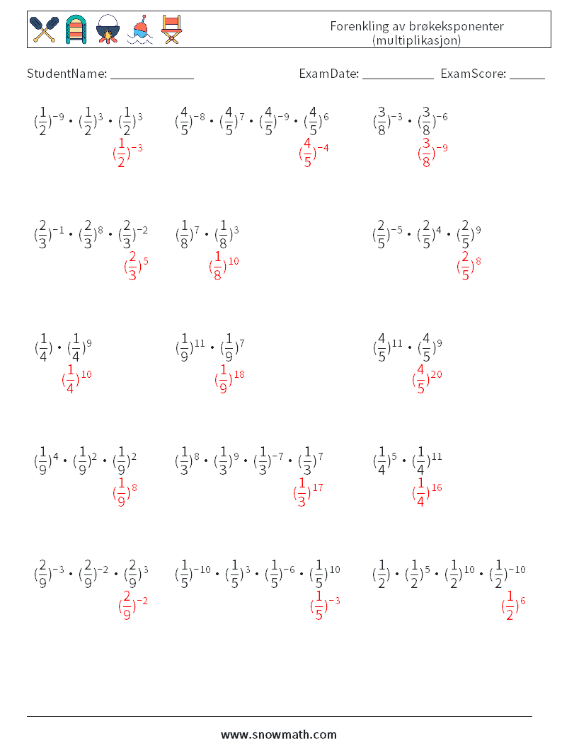 Forenkling av brøkeksponenter (multiplikasjon) MathWorksheets 8 QuestionAnswer