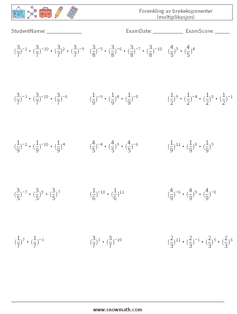 Forenkling av brøkeksponenter (multiplikasjon) MathWorksheets 9