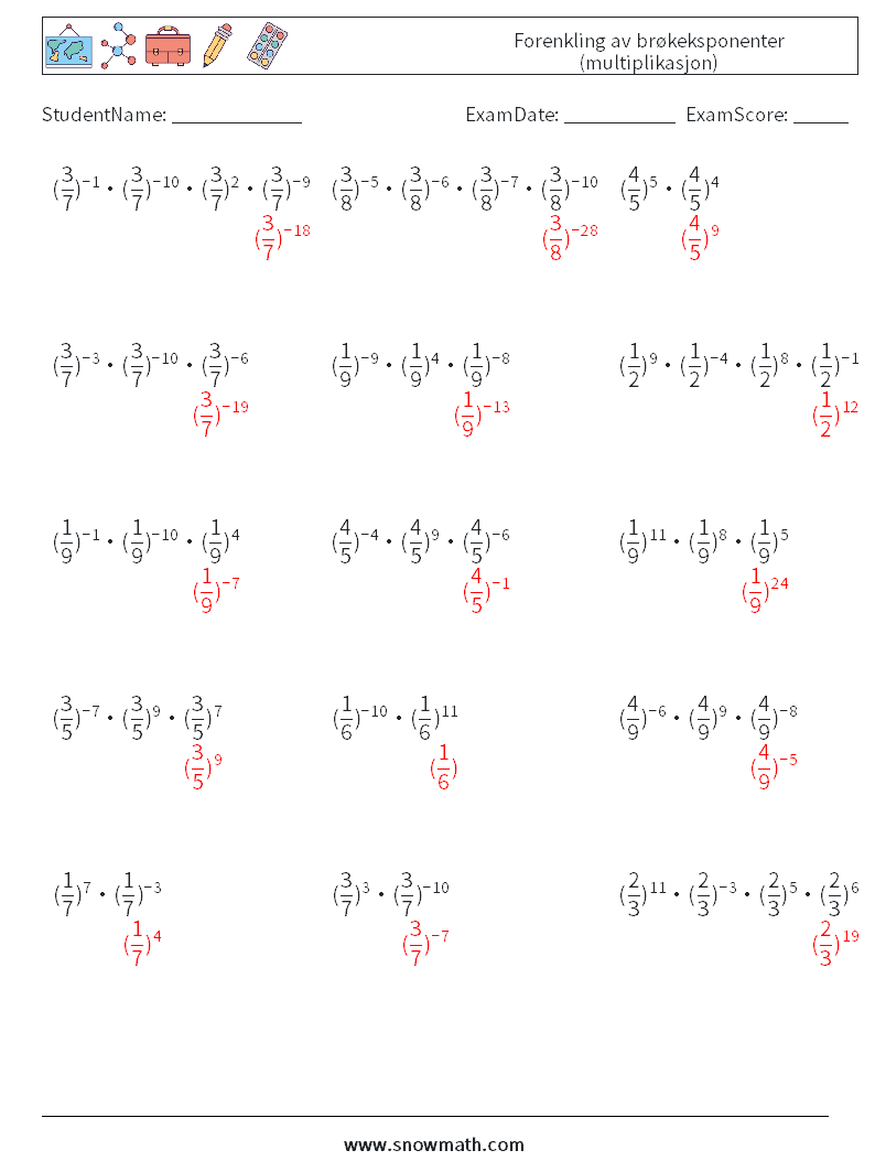 Forenkling av brøkeksponenter (multiplikasjon) MathWorksheets 9 QuestionAnswer