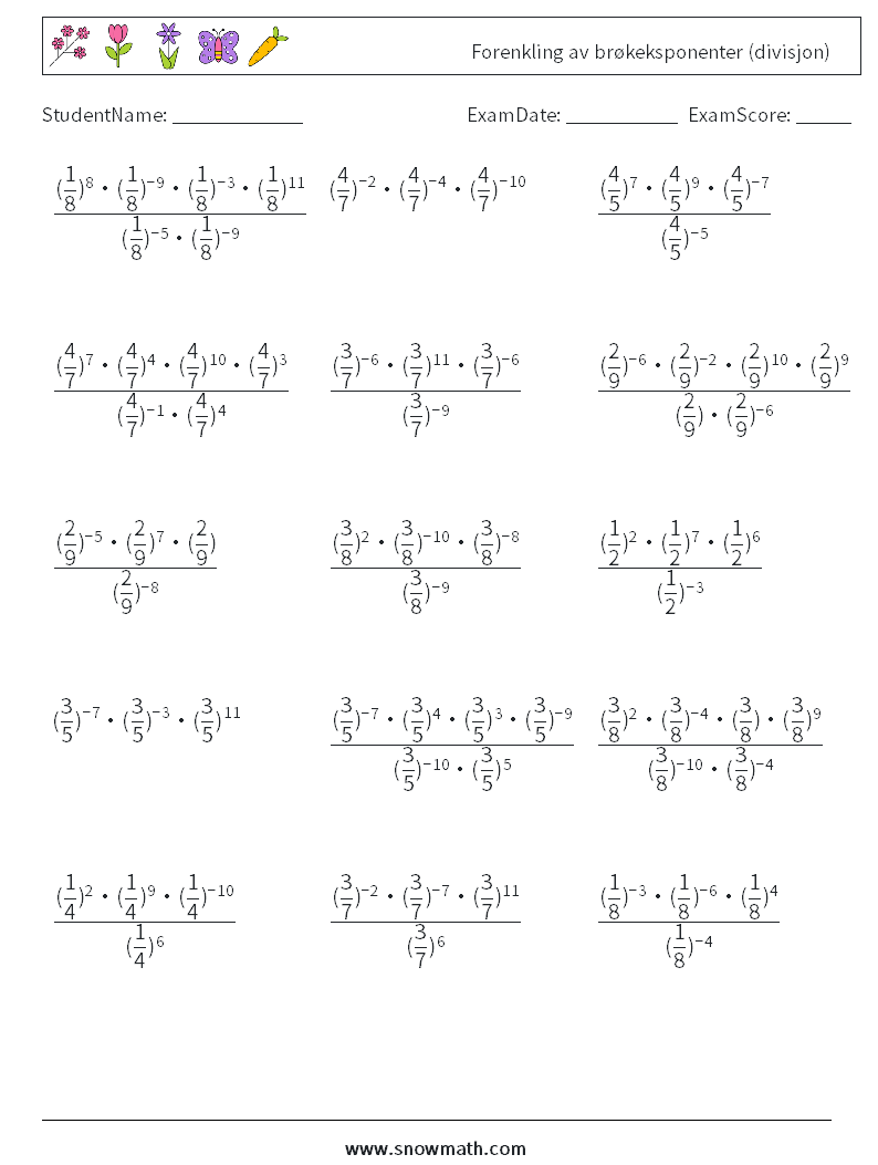 Forenkling av brøkeksponenter (divisjon) MathWorksheets 1