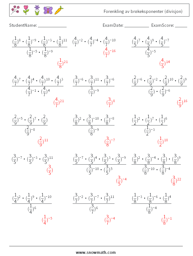 Forenkling av brøkeksponenter (divisjon) MathWorksheets 1 QuestionAnswer