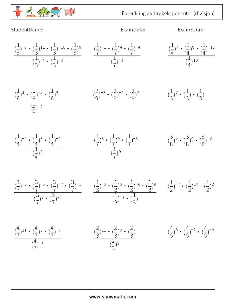 Forenkling av brøkeksponenter (divisjon) MathWorksheets 2