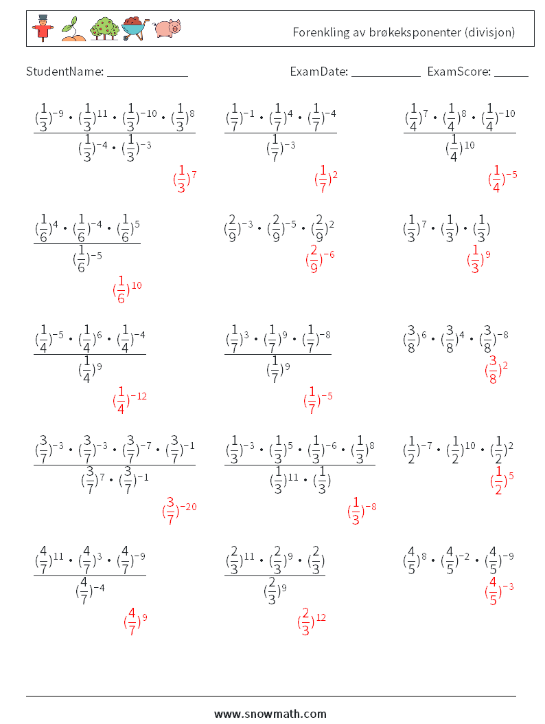 Forenkling av brøkeksponenter (divisjon) MathWorksheets 2 QuestionAnswer