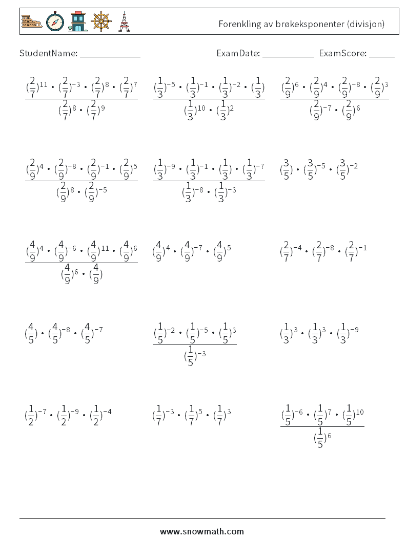 Forenkling av brøkeksponenter (divisjon) MathWorksheets 3