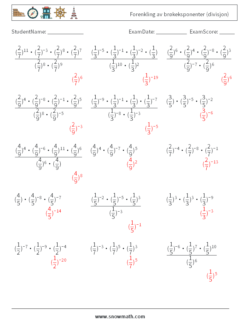 Forenkling av brøkeksponenter (divisjon) MathWorksheets 3 QuestionAnswer