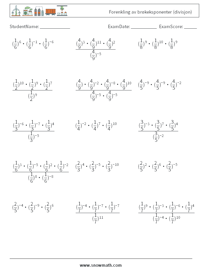 Forenkling av brøkeksponenter (divisjon) MathWorksheets 4