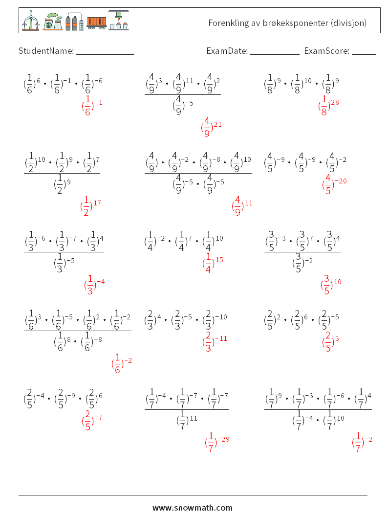 Forenkling av brøkeksponenter (divisjon) MathWorksheets 4 QuestionAnswer