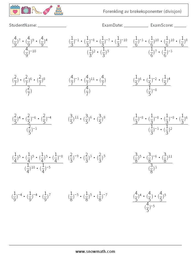 Forenkling av brøkeksponenter (divisjon) MathWorksheets 5