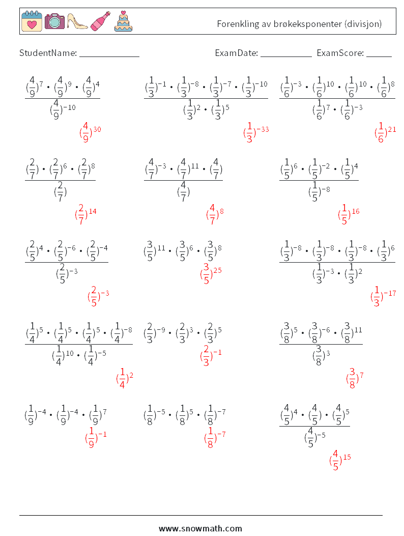 Forenkling av brøkeksponenter (divisjon) MathWorksheets 5 QuestionAnswer