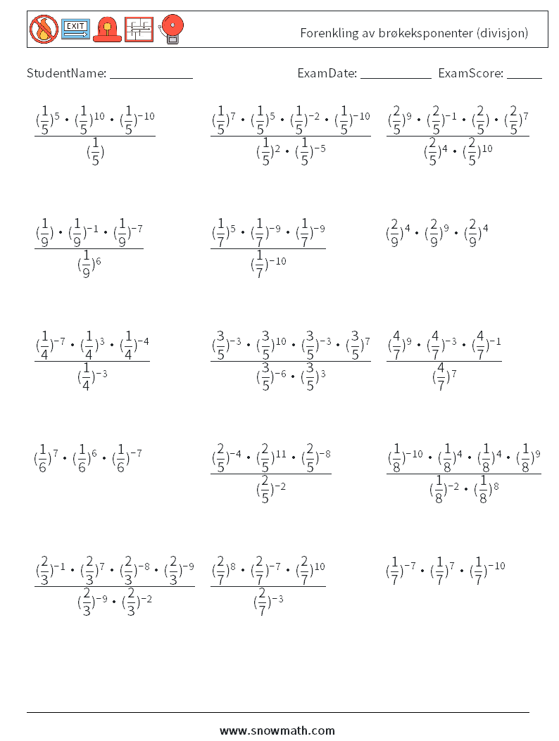 Forenkling av brøkeksponenter (divisjon) MathWorksheets 6