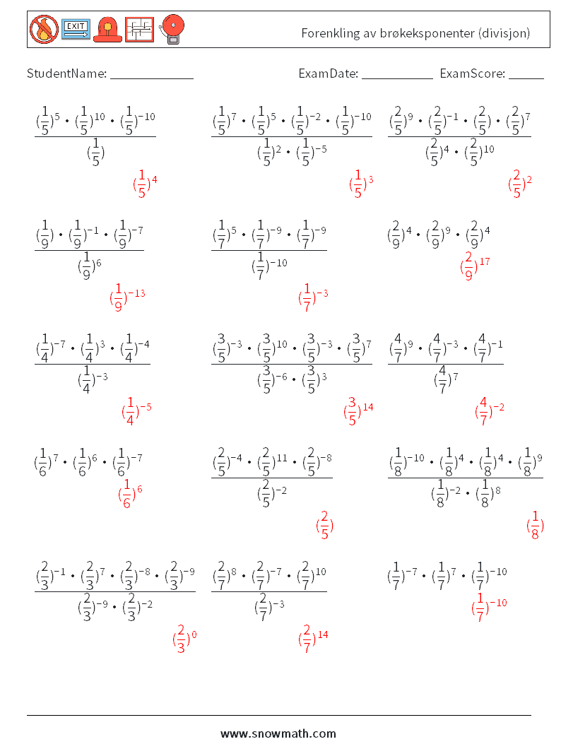 Forenkling av brøkeksponenter (divisjon) MathWorksheets 6 QuestionAnswer