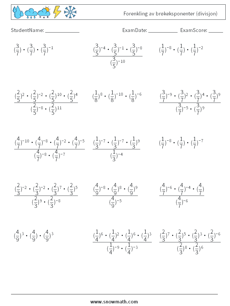 Forenkling av brøkeksponenter (divisjon) MathWorksheets 7