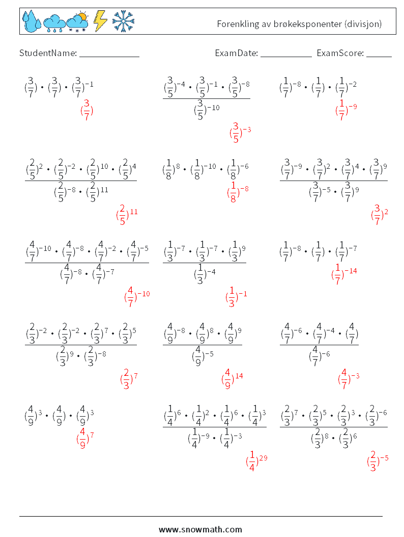 Forenkling av brøkeksponenter (divisjon) MathWorksheets 7 QuestionAnswer