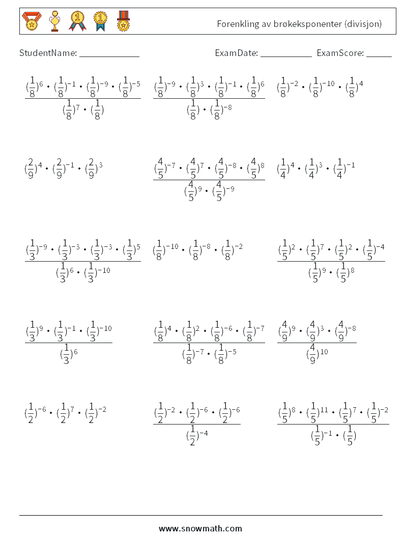 Forenkling av brøkeksponenter (divisjon) MathWorksheets 8