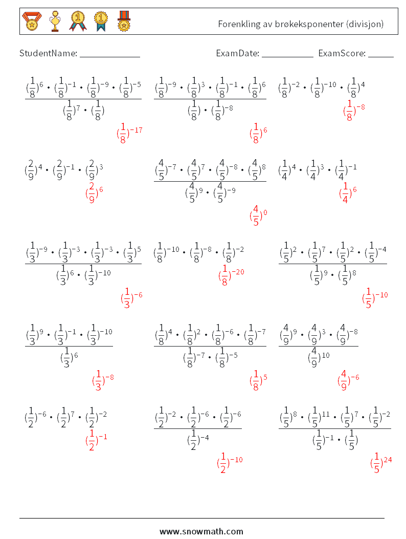 Forenkling av brøkeksponenter (divisjon) MathWorksheets 8 QuestionAnswer