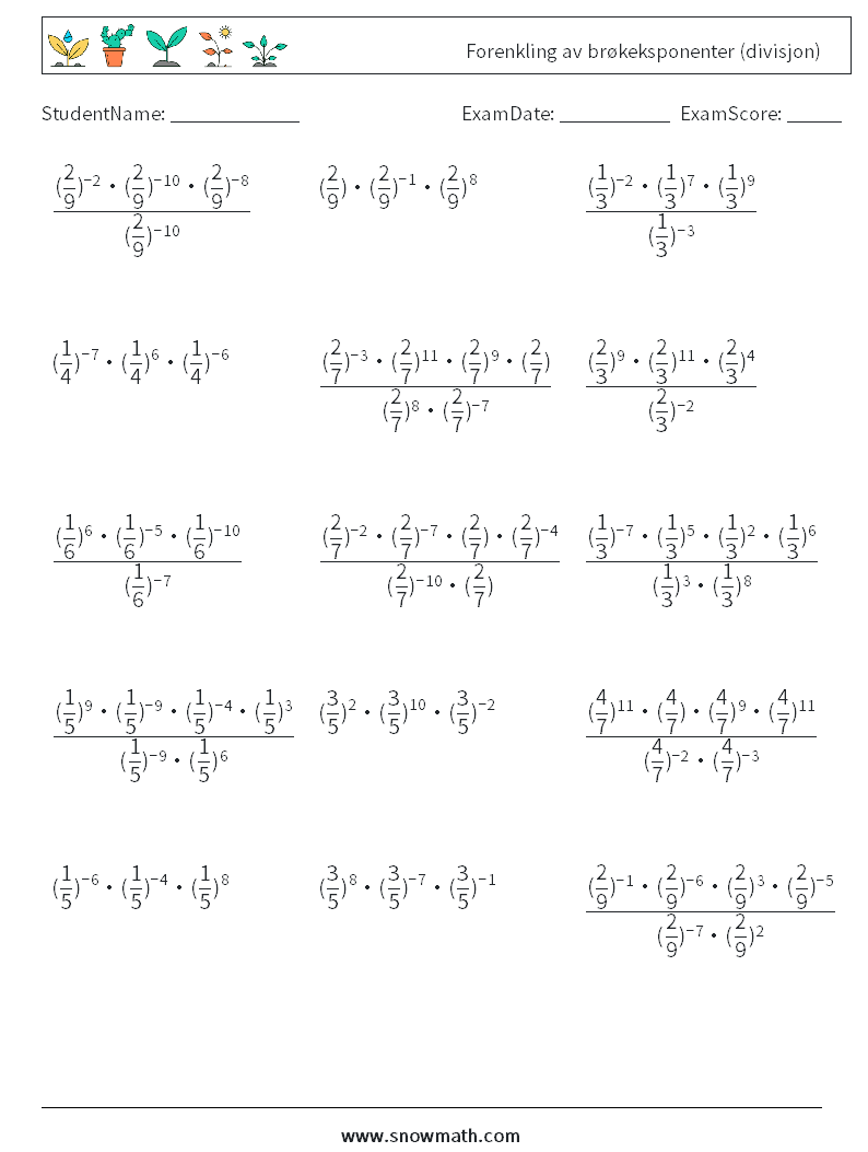 Forenkling av brøkeksponenter (divisjon) MathWorksheets 9