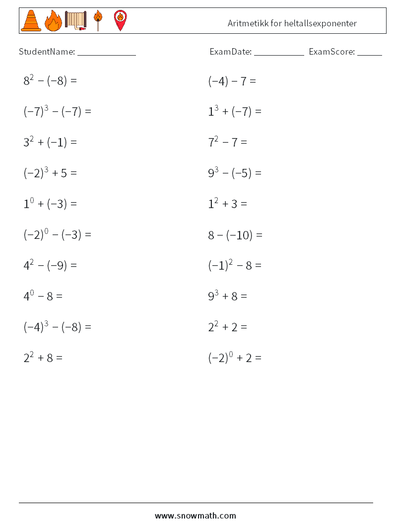 Aritmetikk for heltallsexponenter MathWorksheets 1