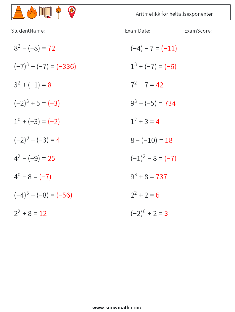 Aritmetikk for heltallsexponenter MathWorksheets 1 QuestionAnswer