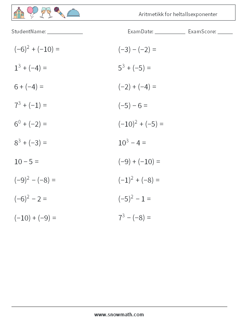 Aritmetikk for heltallsexponenter MathWorksheets 2