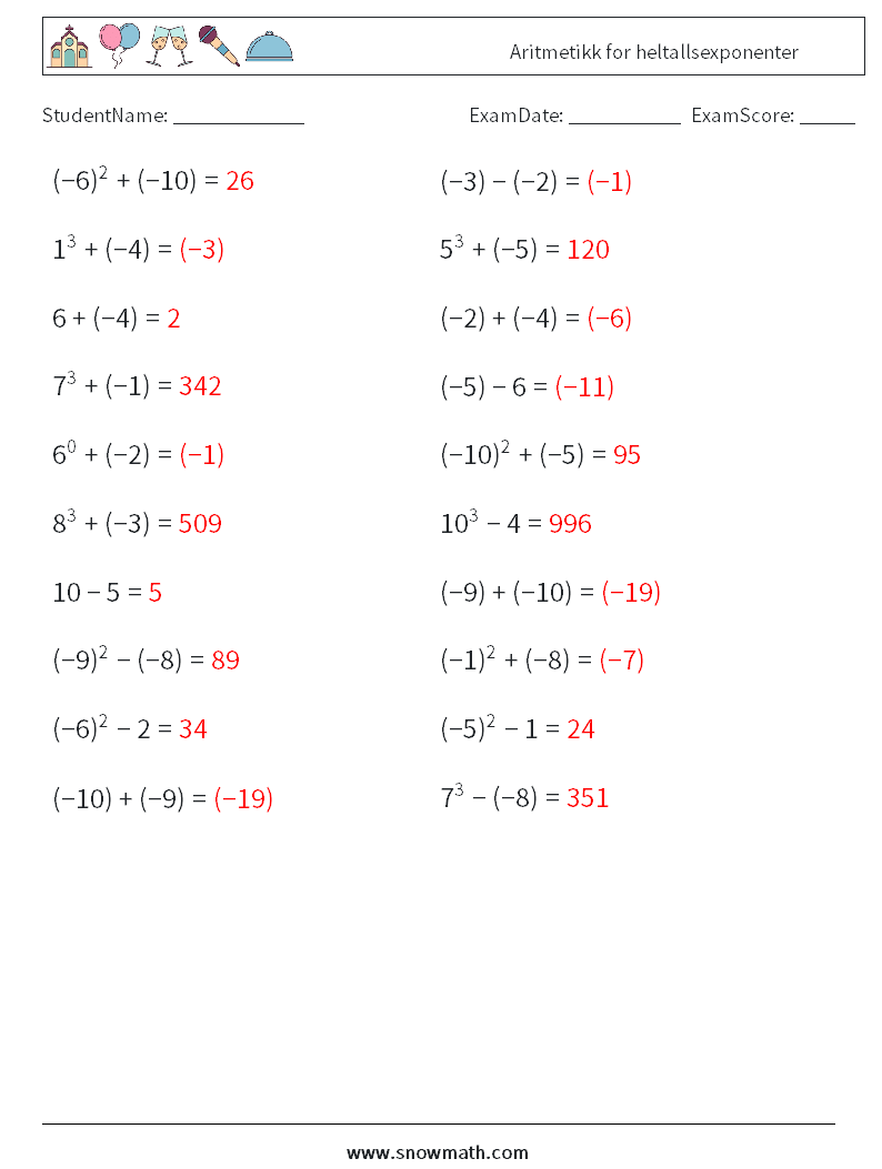 Aritmetikk for heltallsexponenter MathWorksheets 2 QuestionAnswer