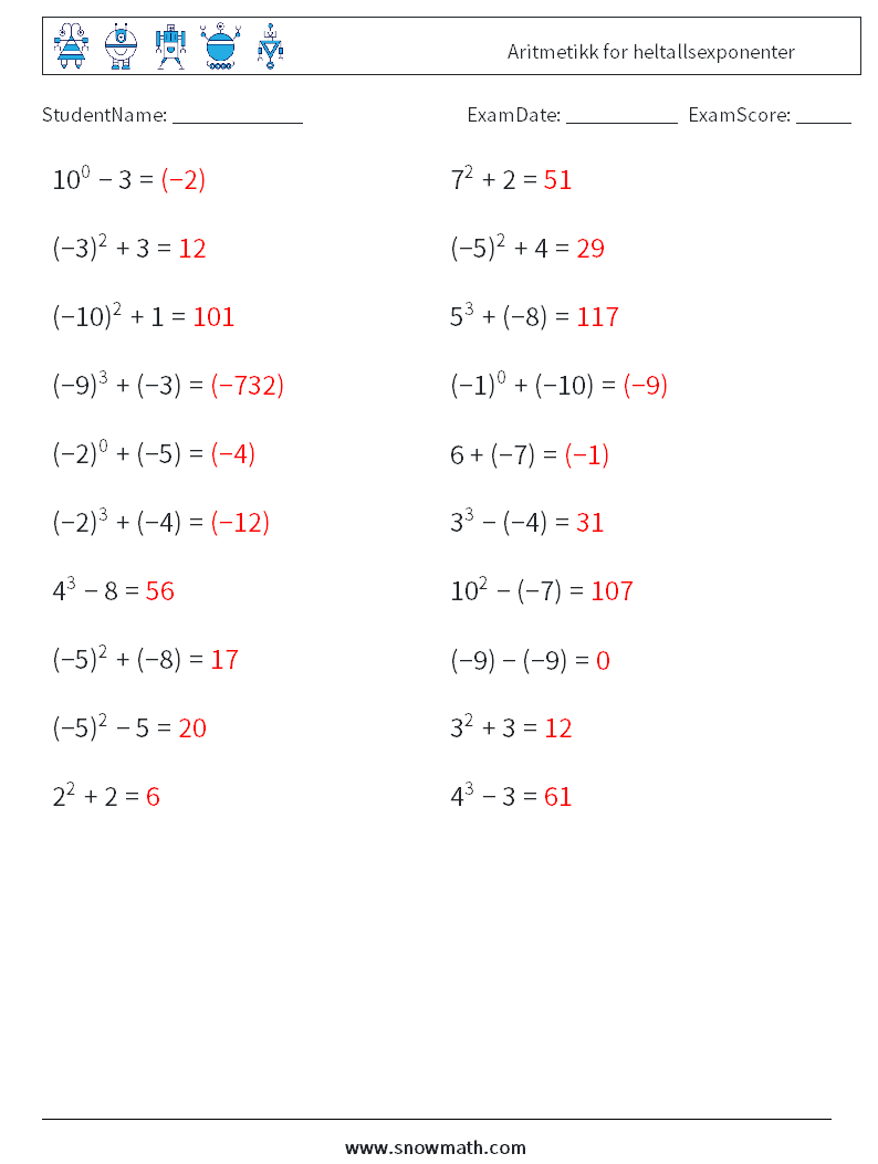 Aritmetikk for heltallsexponenter MathWorksheets 3 QuestionAnswer