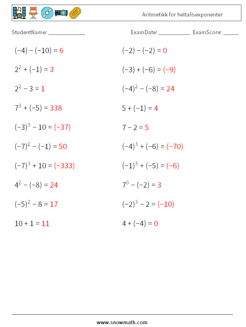 Aritmetikk for heltallsexponenter MathWorksheets 4 QuestionAnswer