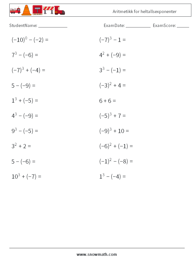 Aritmetikk for heltallsexponenter MathWorksheets 5