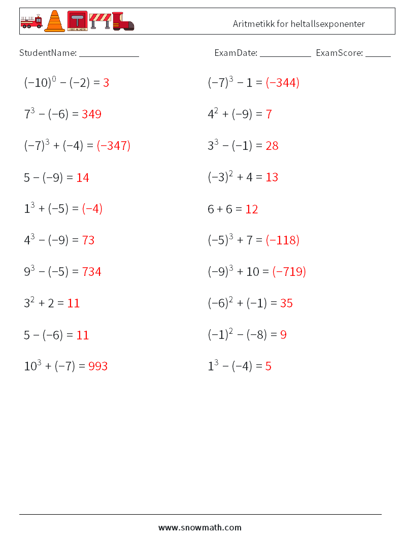 Aritmetikk for heltallsexponenter MathWorksheets 5 QuestionAnswer