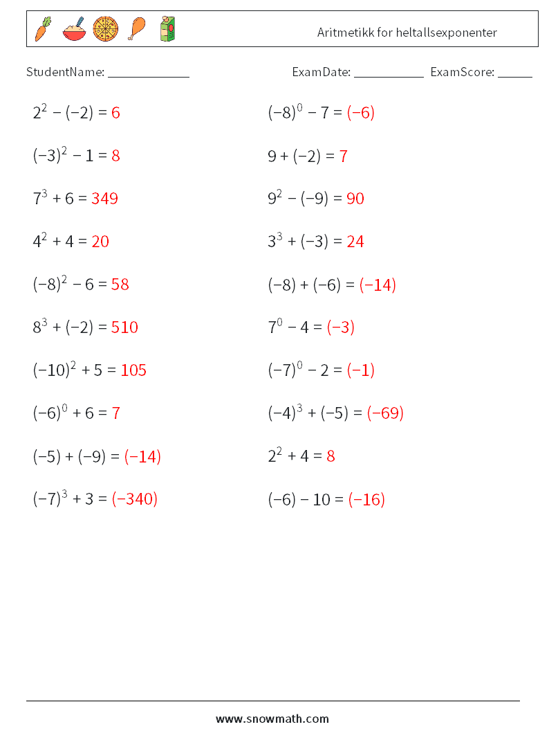 Aritmetikk for heltallsexponenter MathWorksheets 6 QuestionAnswer