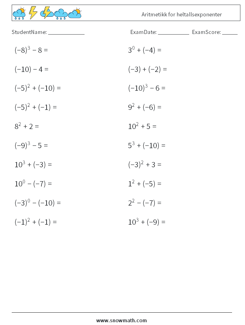 Aritmetikk for heltallsexponenter MathWorksheets 7